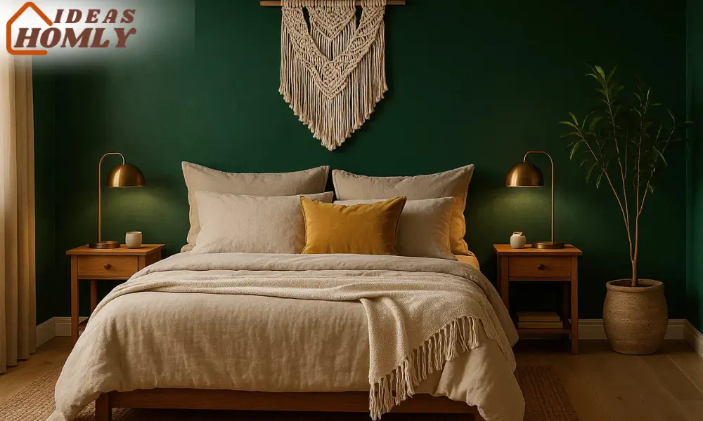 Stylish Boho Bedroom with Jewel-Tone Accent Wall and Neutral Layers