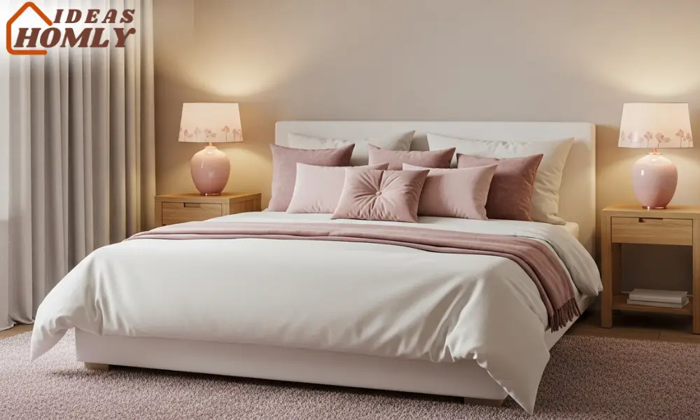 Subtle Pink Accents with Throw Pillows and Rose-Gold Lamps