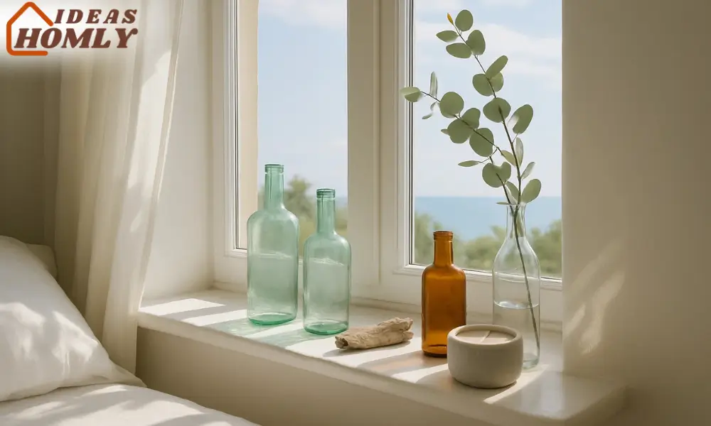 Sunlit Coastal Windowsill Styled with Driftwood and Glass