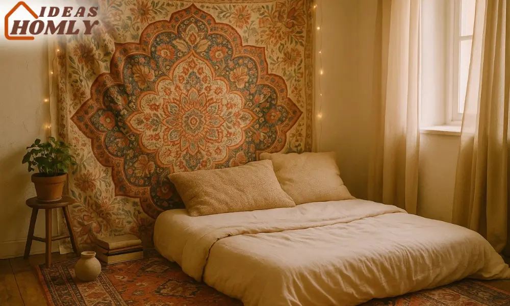 Tapestry Headboard Design in a Frameless Boho Bedroom