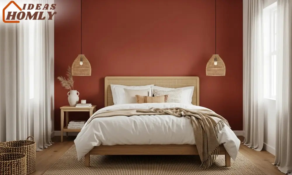 Terracotta Accent Wall with Neutral Decor in Cozy Guest Bedroom