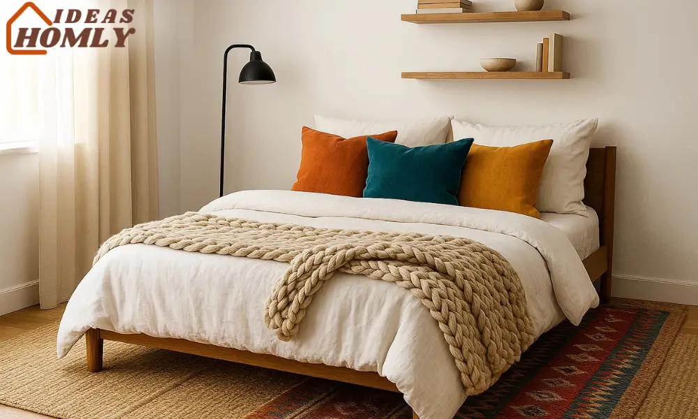 Textile-Rich White Bedroom with Burnt Orange and Mustard Accents