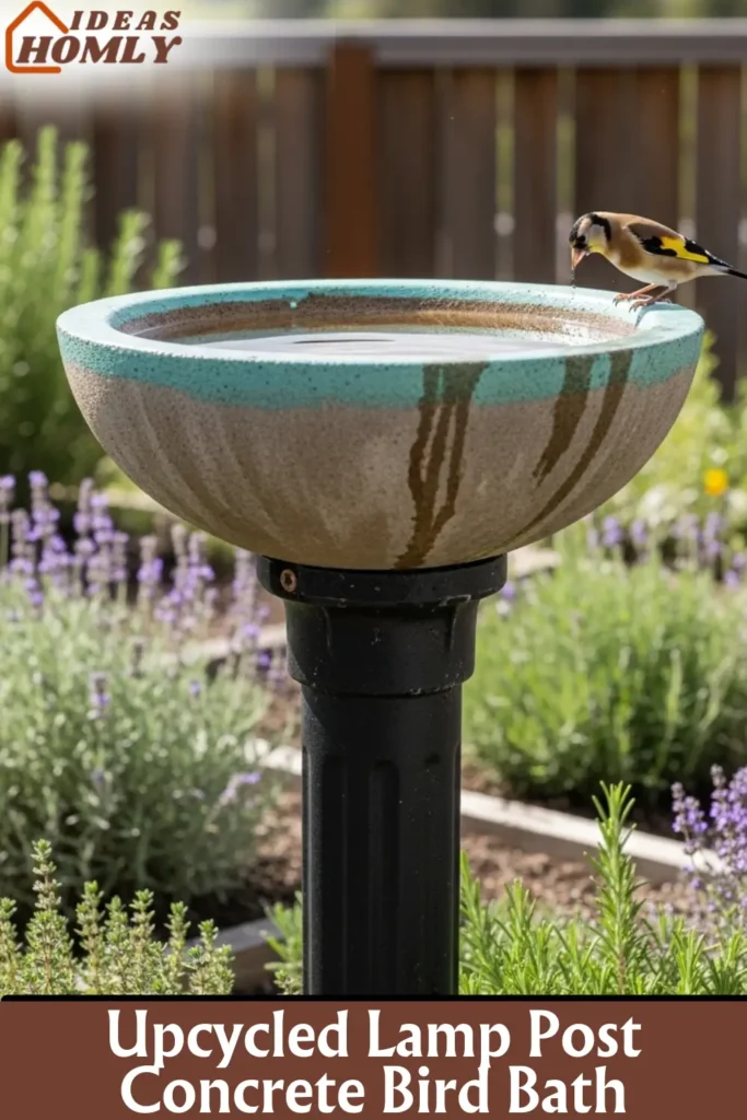 Upcycled Lamp Post Concrete Bird Bath with Industrial Chic Flair