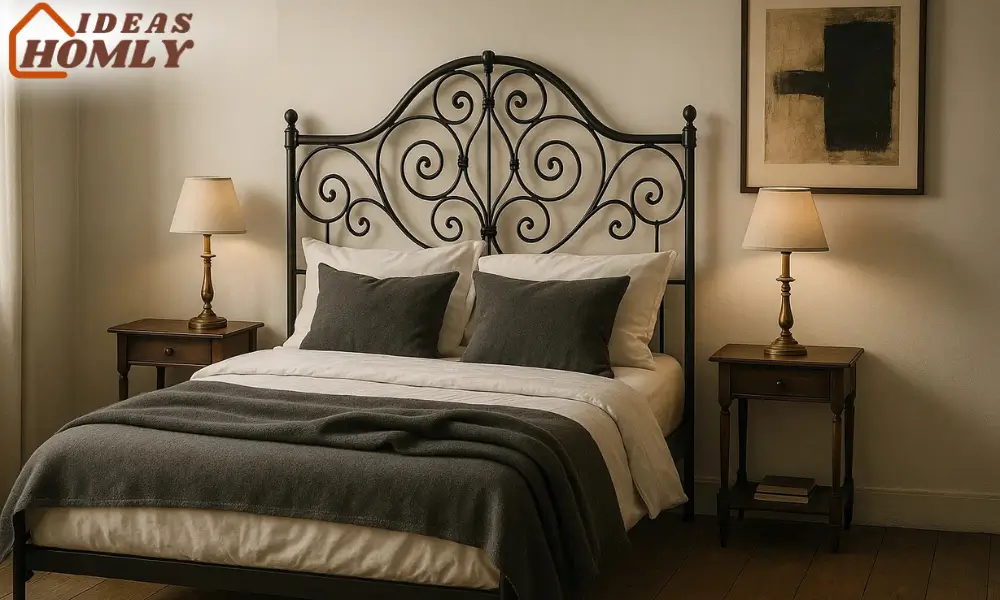 Vintage Meets Modern Black Wrought-Iron Headboard in Chic Bedroom