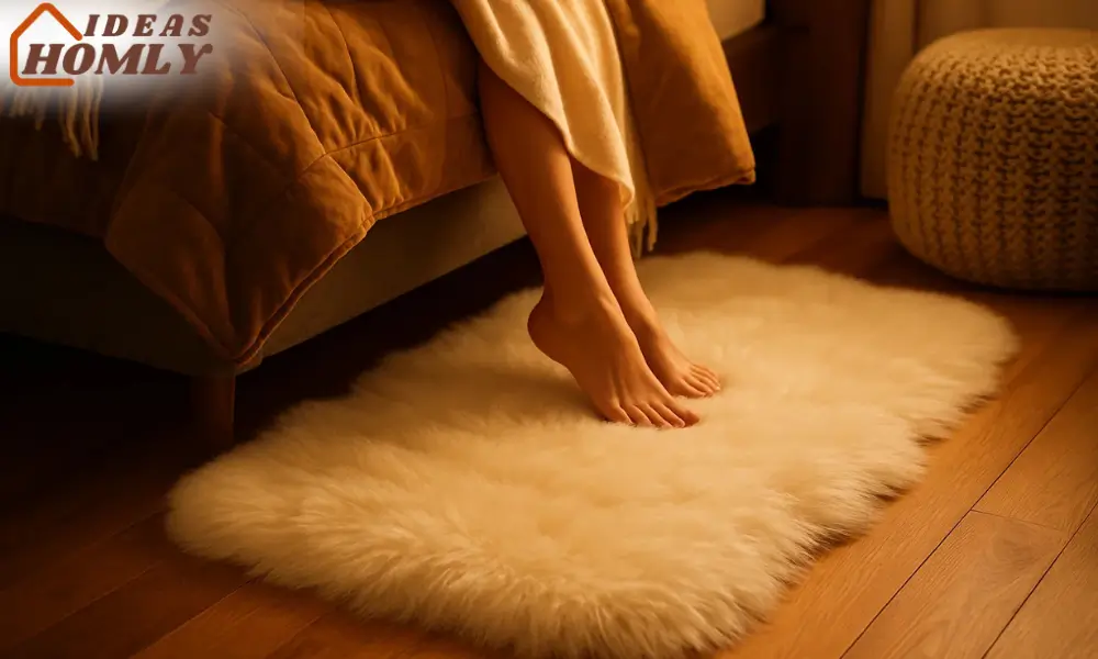Warm Faux-Fur Rug by Bedside in Small Winter Bedroom