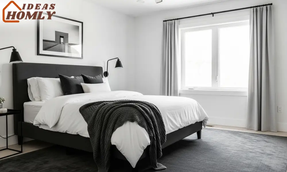 White Bedroom with Charcoal Accents for Modern Contrast