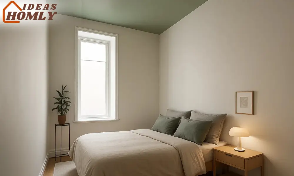 White Bedroom with Sage Green Painted Ceiling for Height and Style