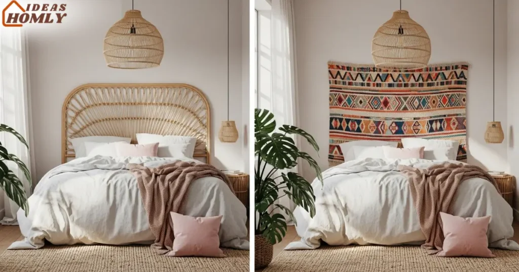 Bohemian Small Bedroom with Cane and Tapestry Headboard Options