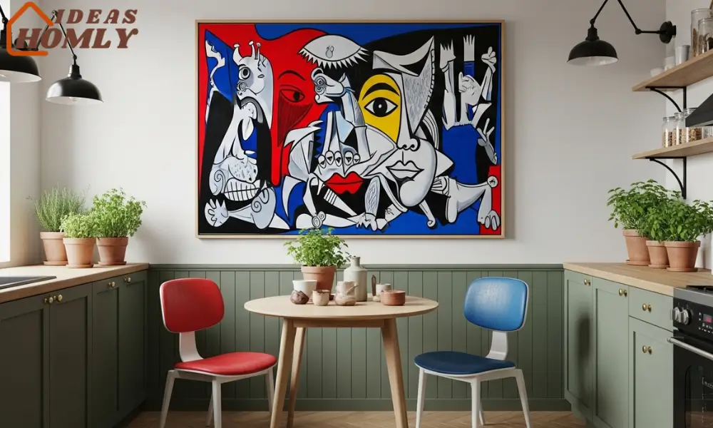 Bold Cubist Wall Art in Retro-Inspired Modern Kitchen Nook