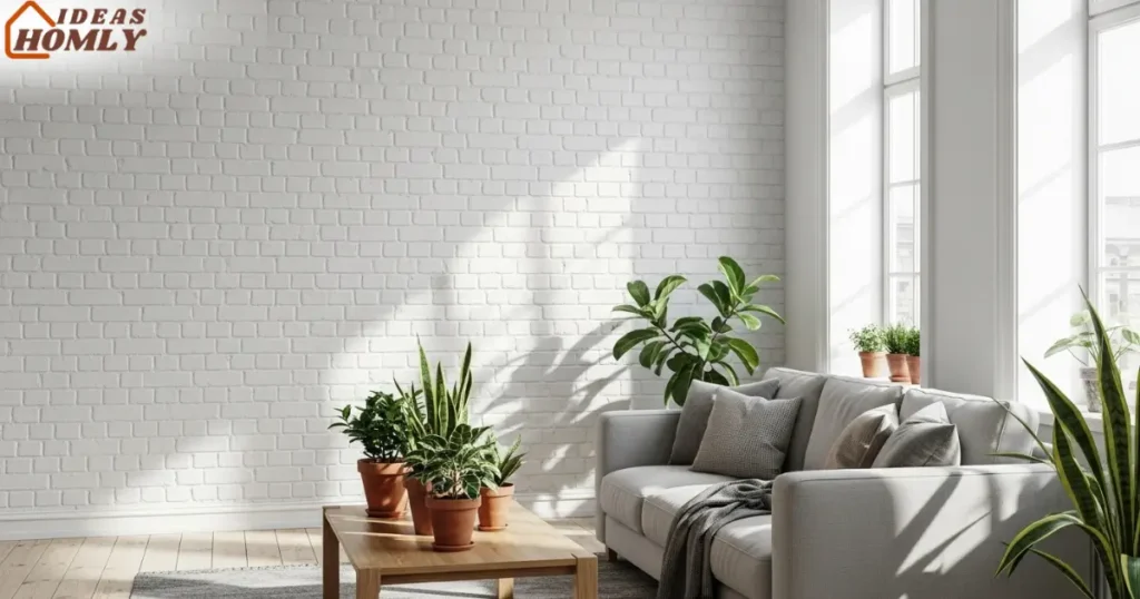Bright Living Room with White Painted Brick Wall