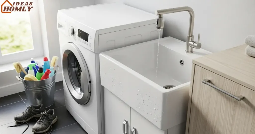 Compact Utility Sink with Modern Spray Faucet in Laundry Room