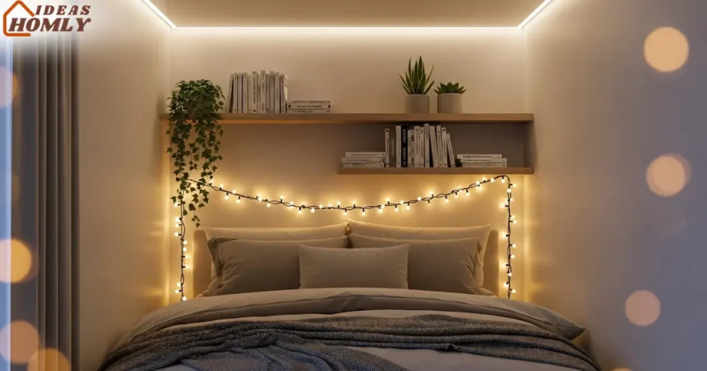 Cozy Small Bedroom with Warm Fairy Lights and Cove LED Glow