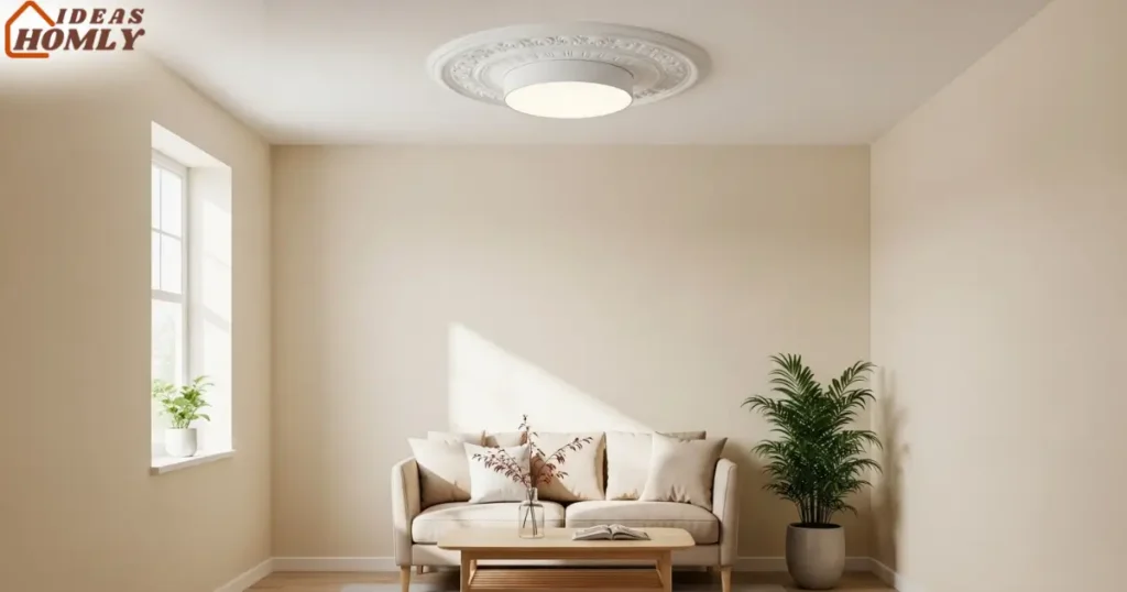 Elegant White Ceiling Medallion in Small Living Space