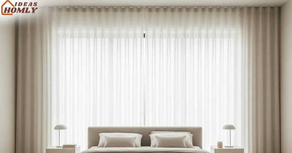 Full-Width Sheer Curtains Creating a Soft Accent Wall in a Small Bedroom