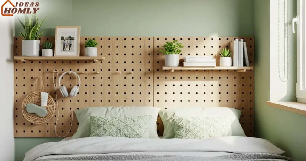 Functional Pegboard Headboard with Smart Storage in Small Bedroom