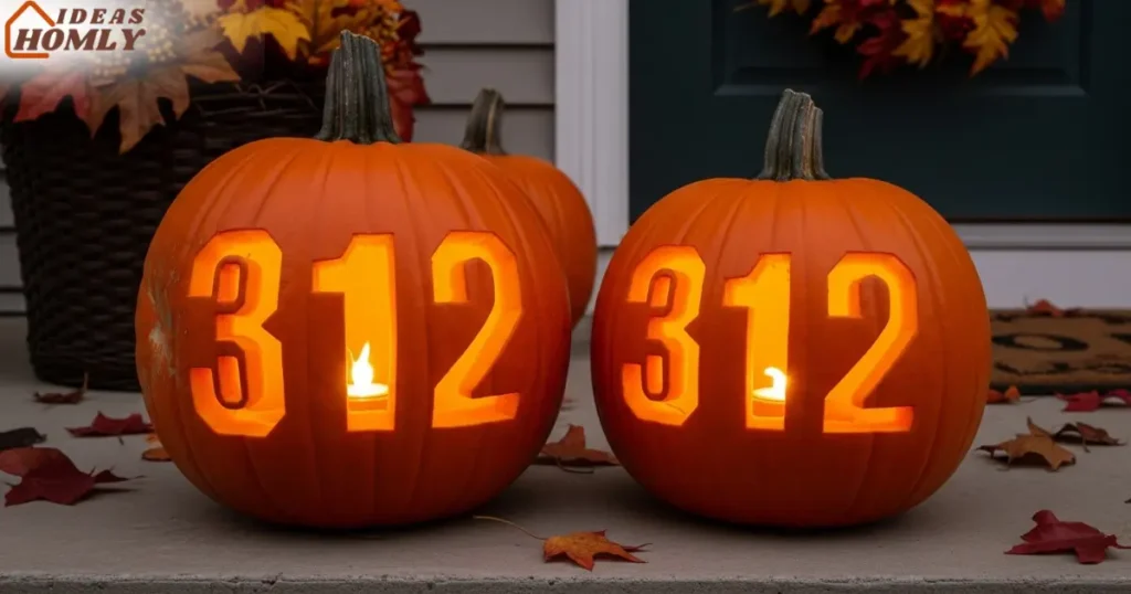 Glowing Pumpkin Carved with House Number for Halloween Porch