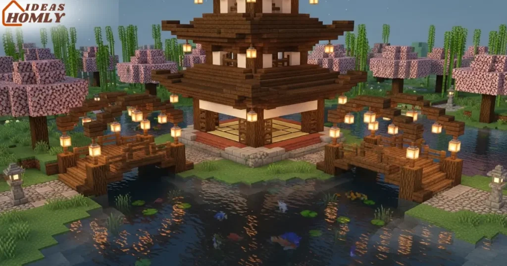 Japanese Pagoda House With Lantern Bridges In minecraft