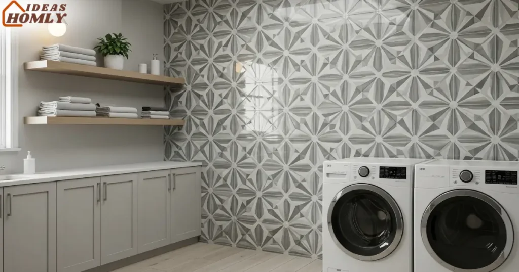 Laundry Room with Full-Height Patterned Tile Wall