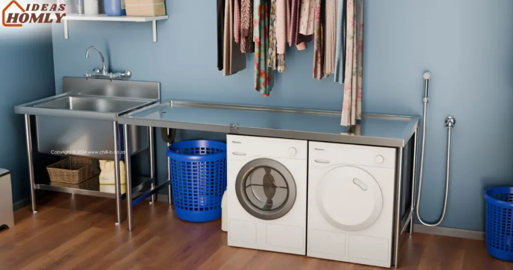 Laundry Sink with Overhead Rail and Drip Tray for Wet Clothes