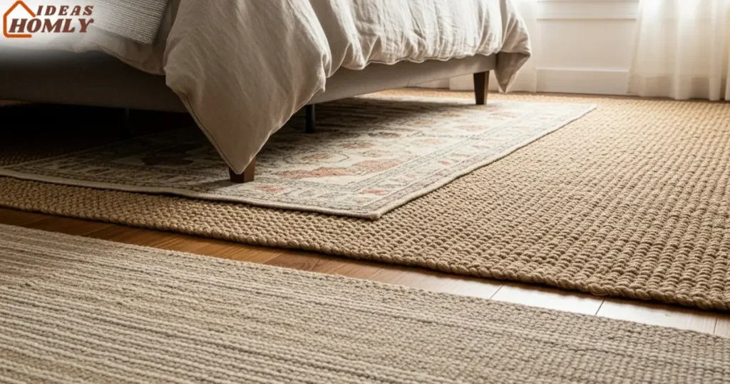 Layered Rugs Under Bed in Small Neutral Bedroom