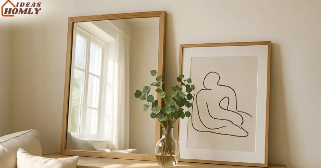 Leaning Oversized Mirror and Artwork for a Spacious Room Effect