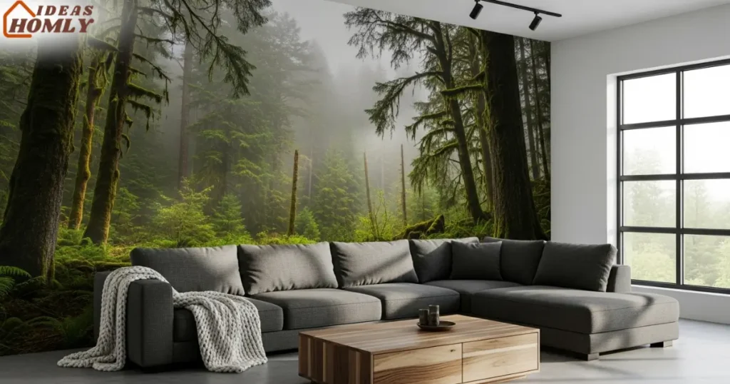 Living Room with Oversized Forest Mural Accent Wall