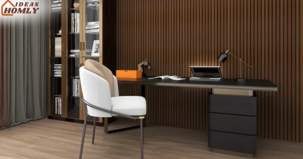Minimalist Home Office with Acoustic Slat-Wood Wall