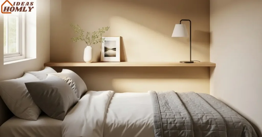 Minimalist Small Bedroom with Shallow Ledge Headboard Shelf