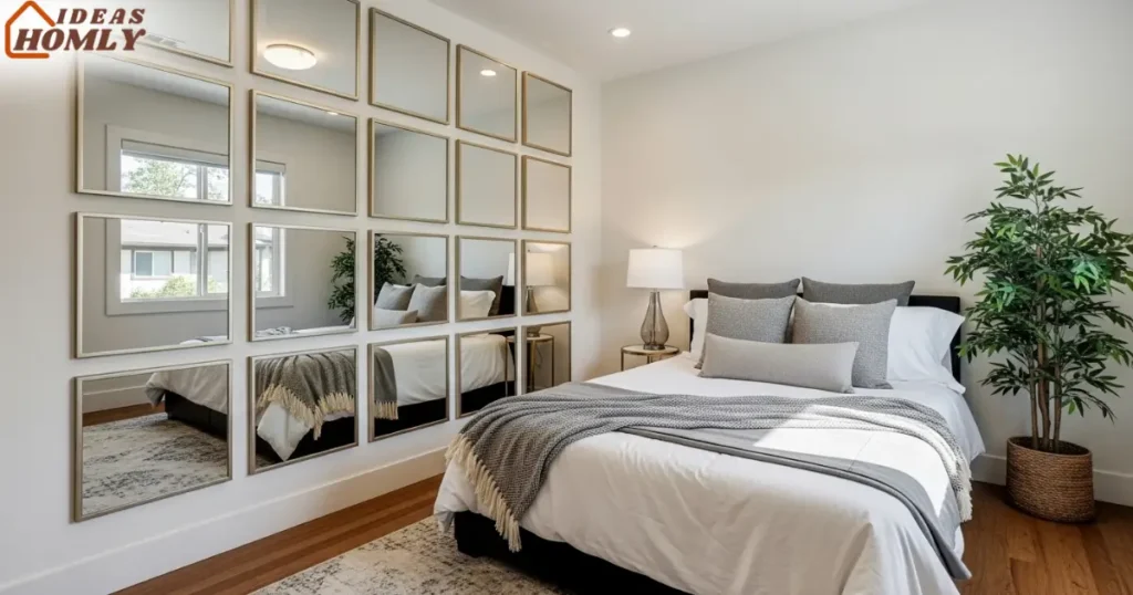Mirror Gallery Wall with Matching Frames to Brighten a Small Bedroom