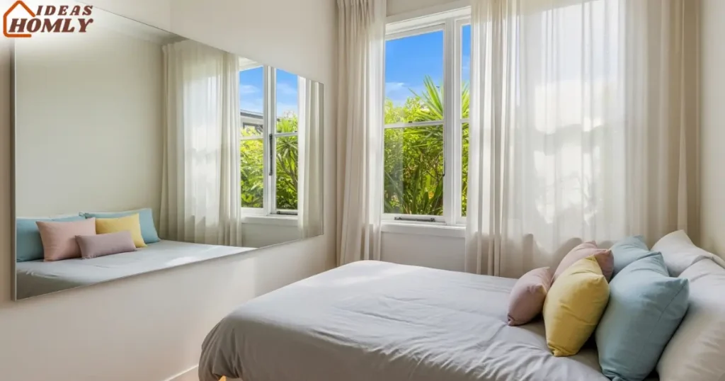 Mirror Placed Opposite a Window to Reflect Daylight in a Cozy Bedroom