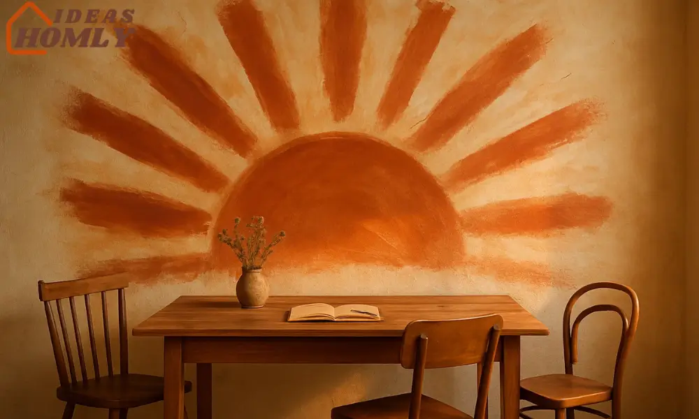 Modern Hand-Painted Wall Mural with Abstract Terracotta Sunburst