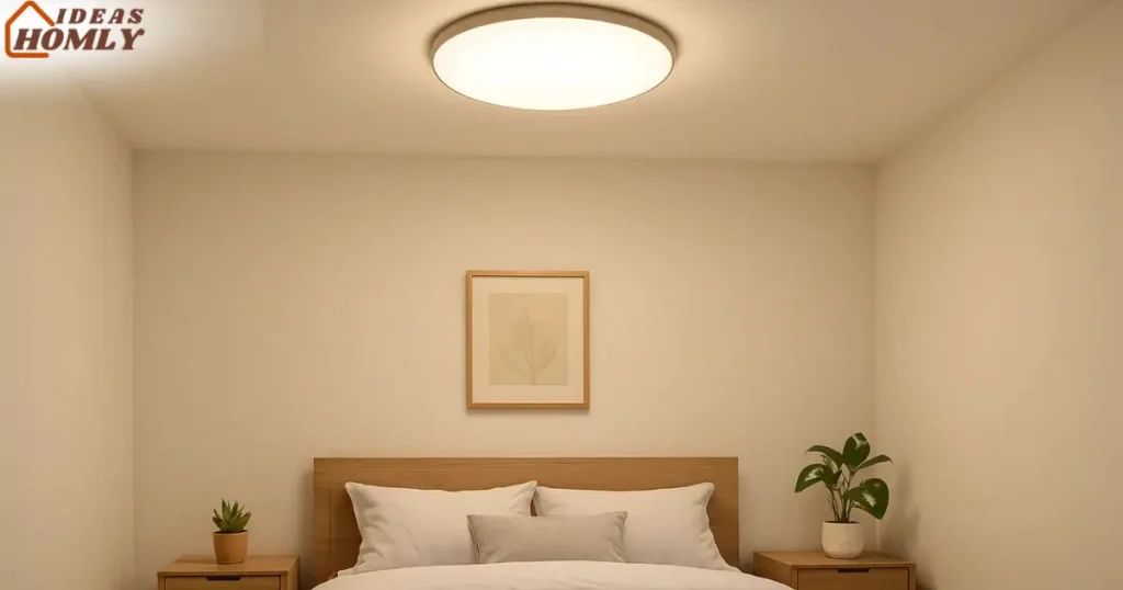 Modern Small Bedroom with Large Shallow Flush-Mount Ceiling Light