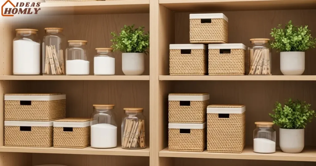 Open Shelving with Stylish Storage Bins and Glass Jars in Laundry Room
