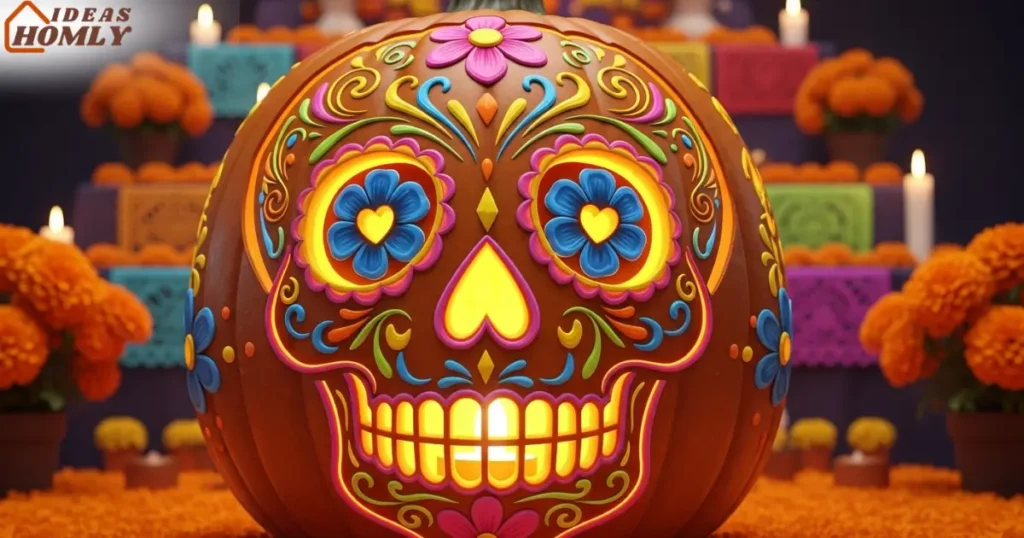 Pumpkin Carved and Painted as Dia de los Muertos Sugar Skull