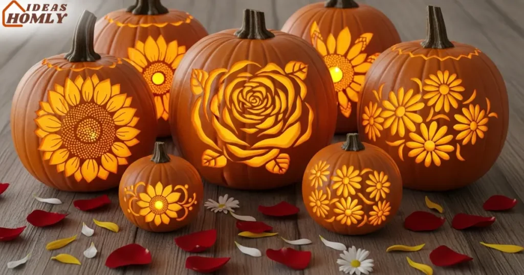 Pumpkin Carved with Glowing Floral Bouquet Pattern