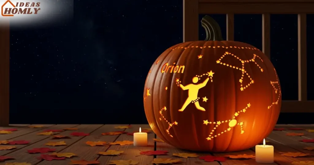 Pumpkin Carved with Star-Map Constellation Design at Night