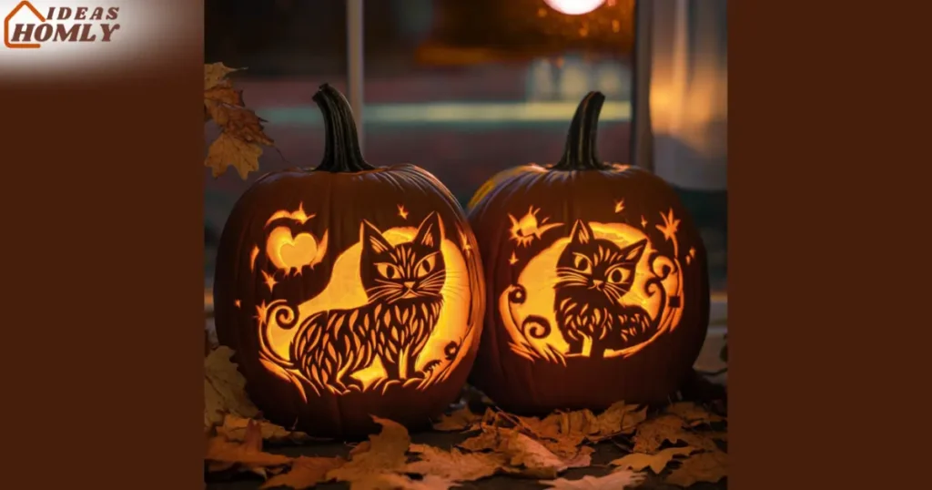 Pumpkin with Etched Silhouette Cat Lantern Glow