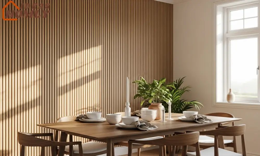 Scandinavian Dining Room with Light Wood Vertical Panel Wall