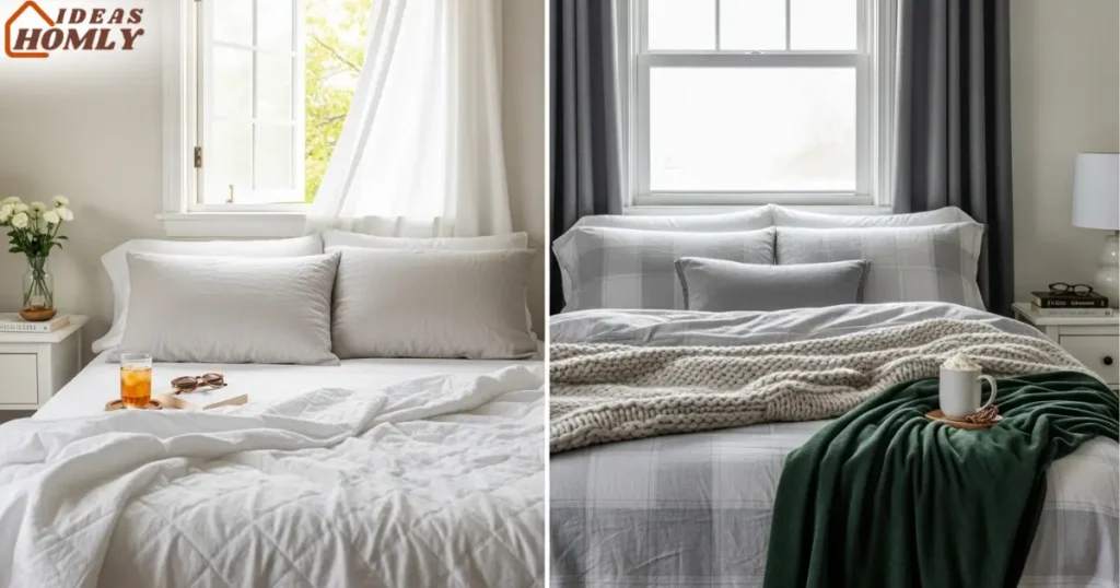 Seasonal Bedding Layers in Small Cozy Bedroom