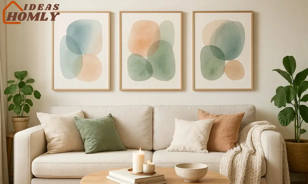Serene Living Room with Watercolor Abstract Wall Art Trio