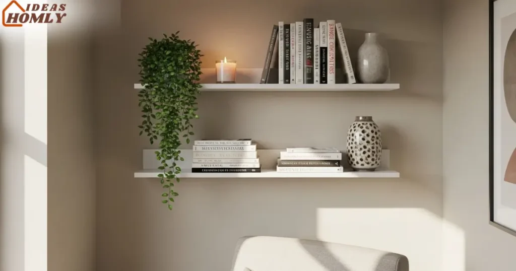 Slim Floating Wall Shelves with Plants and Books in a Small Room