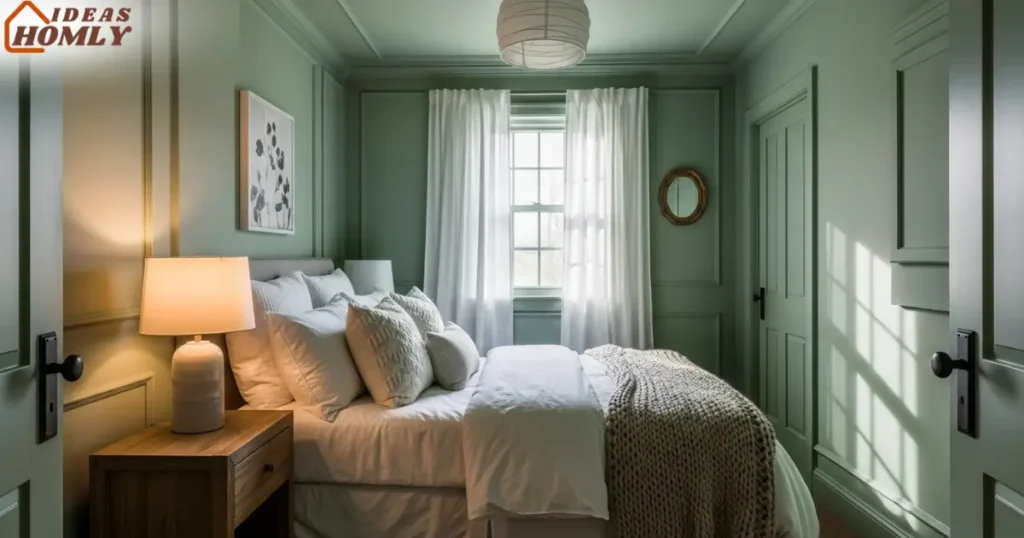 Small Bedroom Color-Drenched in Muted Sage Green