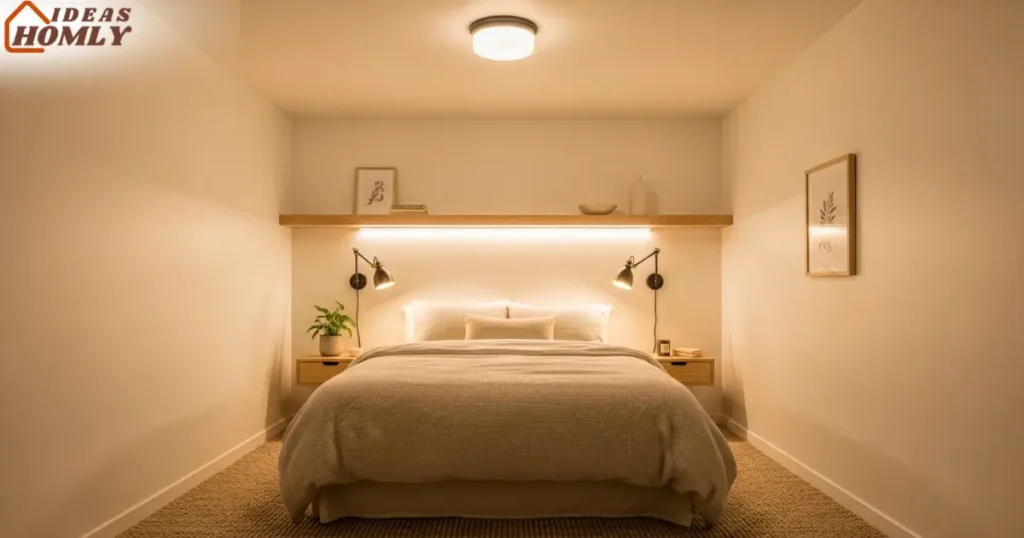 Small Bedroom with Layered Lighting for Maximum Brightness