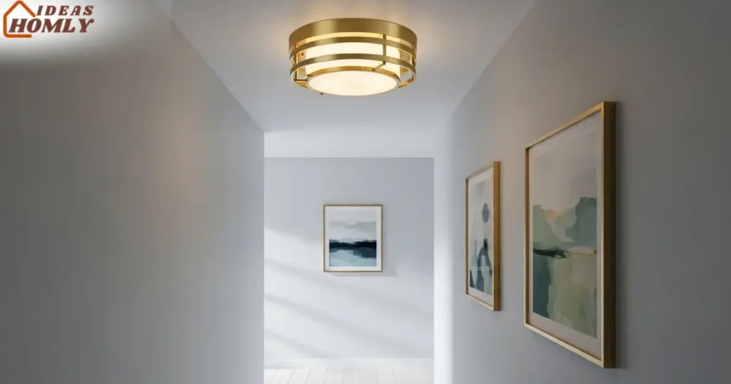 Small Hallway with Eye-Catching Brass Flush-Mount Light