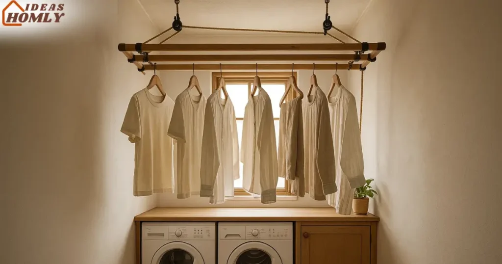 Space-Saving Ceiling-Mounted Pulley Drying Rack in a Small Laundry Room