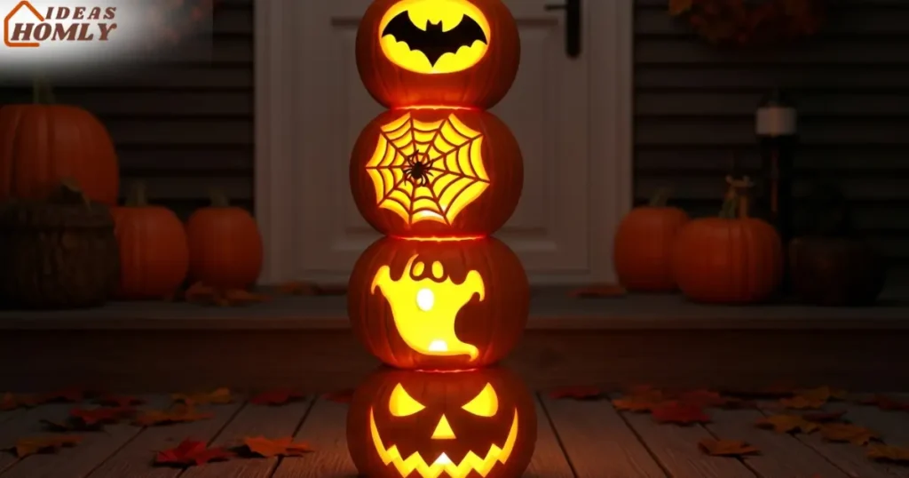 Stacked Totem Pumpkins with Halloween Carvings