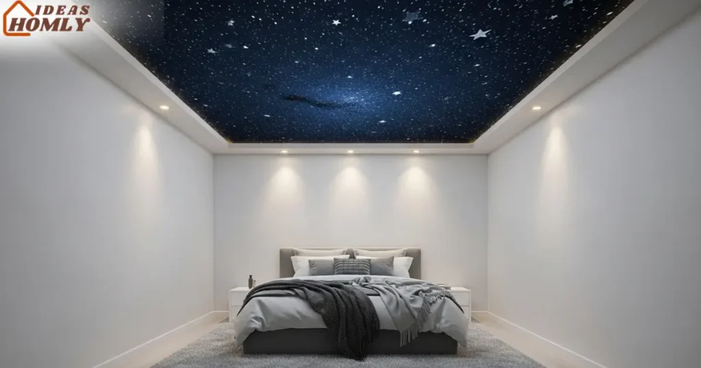 Starry-Night Ceiling Wallpaper in Small Bedroom