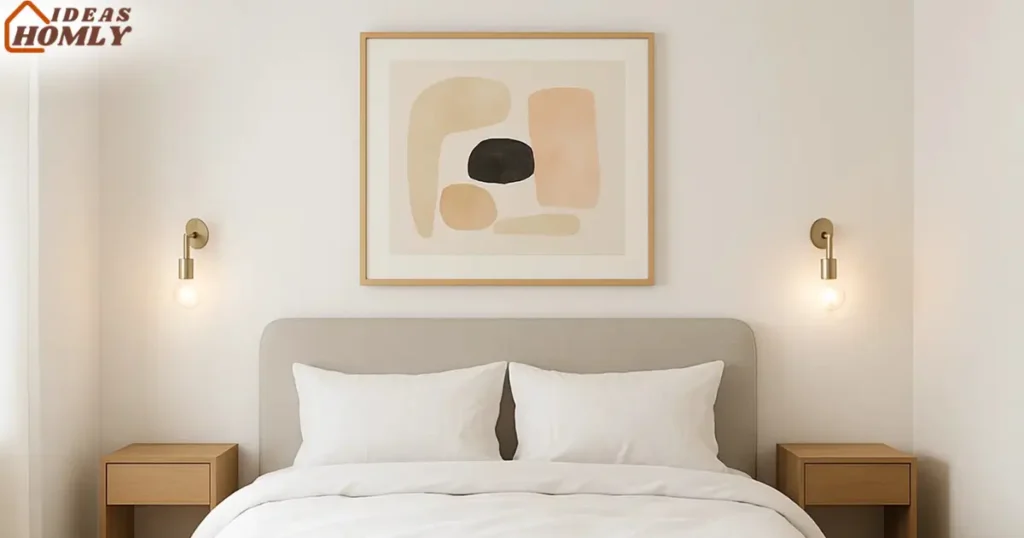 Stylish Over-Bed Wall Art and Sconces in a Small Bedroom