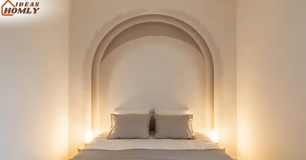 Subtle Trompe L’Oeil Arch Mural Creating Depth in a Small Bedroom