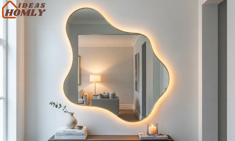 Wavy Sculptural Mirror with Brass Frame in Chic Hallway